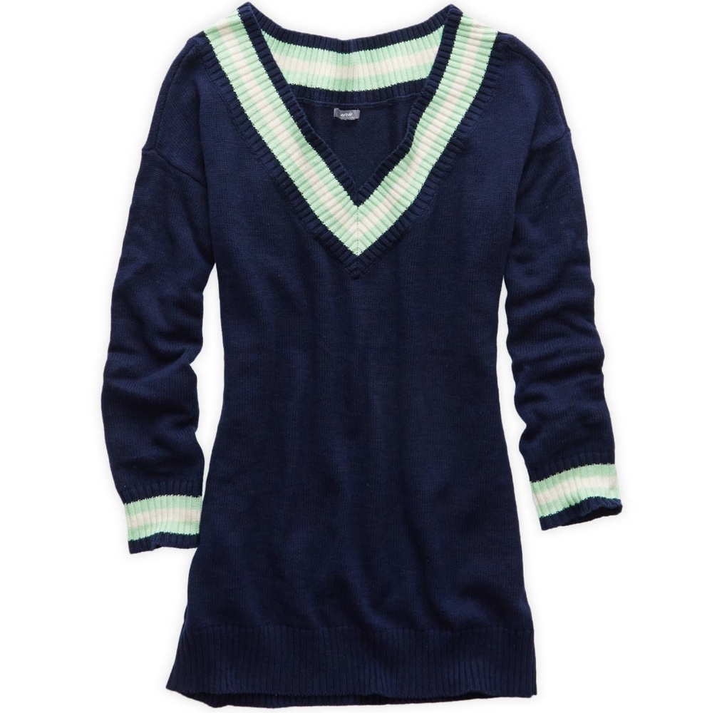 Aerie Navy Blue Off Shoulder Varsity Sweater